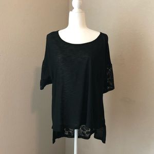 Black short sleeve cotton tunic w lace details, L